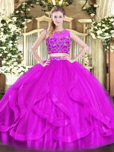 Purple Tulle Zipper Ball Gown Prom Dress Sleeveless Floor Length Beading and Ruffles