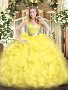 Yellow Ball Gowns V-neck Sleeveless Tulle Floor Length Zipper Beading and Ruffles Quinceanera Dresses