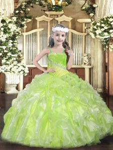 Low Price Yellow Green Ball Gowns Organza Straps Sleeveless Beading and Ruffles Floor Length Lace Up Girls Pageant Dresses