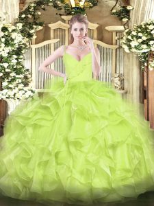 Organza Spaghetti Straps Sleeveless Zipper Ruffles Ball Gown Prom Dress in Yellow Green
