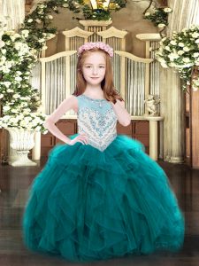 Floor Length Zipper Little Girl Pageant Dress Teal for Party and Quinceanera with Beading and Ruffles