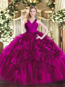 Simple Fuchsia Sleeveless Floor Length Ruffles Zipper Ball Gown Prom Dress