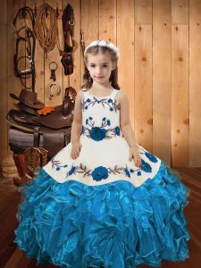 Hot Sale Ball Gowns Kids Pageant Dress Baby Blue Straps Organza Sleeveless Floor Length Lace Up