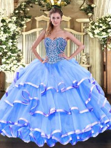 Baby Blue Sleeveless Beading and Ruffled Layers Floor Length Quinceanera Gown