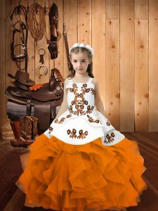 Floor Length Lace Up Kids Formal Wear Orange for Party and Sweet 16 and Quinceanera and Wedding Party with Embroidery and Ruffles