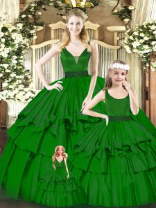 Green Organza Zipper Sweet 16 Dresses Sleeveless Floor Length Beading and Ruffled Layers