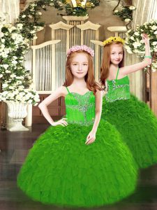 Dramatic Green Ball Gowns Beading and Ruffles Pageant Gowns For Girls Lace Up Organza Sleeveless Floor Length