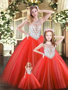 Graceful Floor Length Lace Up 15th Birthday Dress Red for Military Ball and Sweet 16 and Quinceanera with Beading