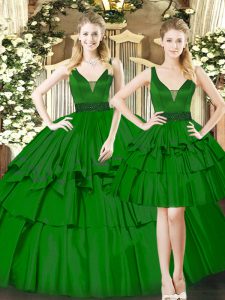 Dark Green Ball Gown Prom Dress Military Ball and Sweet 16 and Quinceanera with Beading and Ruching Straps Sleeveless Lace Up