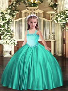 Amazing Turquoise Sleeveless Satin Lace Up Little Girls Pageant Gowns for Party and Quinceanera
