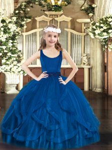 Wonderful Scoop Sleeveless Little Girl Pageant Gowns Floor Length Beading and Ruffles Royal Blue Tulle