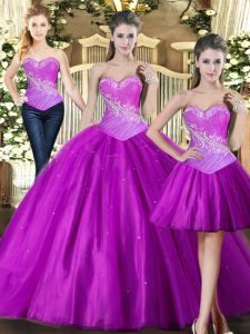 Flirting Fuchsia Sleeveless Beading Floor Length Sweet 16 Dresses