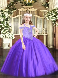 Lavender Lace Up Little Girl Pageant Dress Beading Sleeveless Floor Length
