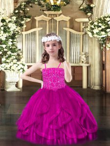 Fuchsia Ball Gowns Tulle Spaghetti Straps Sleeveless Beading and Ruffles Floor Length Lace Up Pageant Dress Wholesale