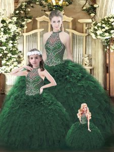 Dark Green Sleeveless Beading and Ruffles Floor Length 15 Quinceanera Dress