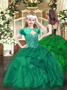 Dark Green Lace Up Straps Beading and Ruffles Girls Pageant Dresses Organza Sleeveless