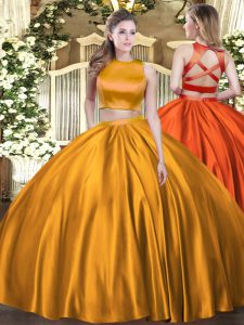 Admirable Orange Ball Gowns Tulle High-neck Sleeveless Ruching Floor Length Criss Cross Quinceanera Dresses