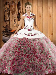 Popular Halter Top Sleeveless Sweep Train Lace Up Quinceanera Gown Multi-color Fabric With Rolling Flowers