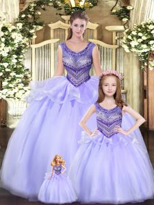 Sweet Beading and Ruching 15th Birthday Dress Lavender Lace Up Sleeveless Floor Length