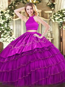 Beading and Embroidery and Ruffled Layers Quinceanera Dress Fuchsia Backless Sleeveless Floor Length