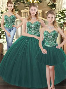 New Arrival Dark Green Sleeveless Floor Length Beading Lace Up Sweet 16 Dress