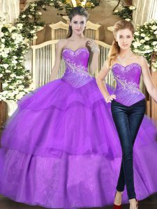 Admirable Eggplant Purple Sweetheart Lace Up Beading and Ruffled Layers Vestidos de Quinceanera Sleeveless