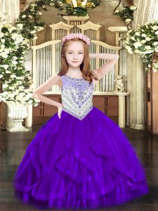 Floor Length Purple Pageant Gowns For Girls Tulle Sleeveless Beading and Ruffles