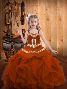 Rust Red Straps Neckline Embroidery and Ruffles Kids Pageant Dress Sleeveless Lace Up