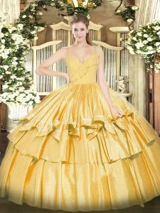 Glittering Gold Sleeveless Taffeta Zipper Quinceanera Dress for Military Ball and Sweet 16 and Quinceanera