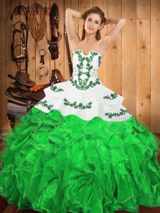 Floor Length Lace Up Sweet 16 Quinceanera Dress Green for Military Ball and Sweet 16 and Quinceanera with Embroidery and Ruffles