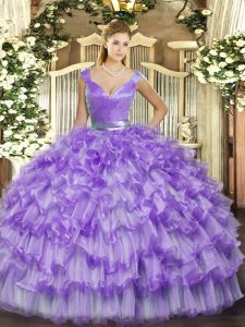 New Style Lavender Organza Zipper Quinceanera Gown Sleeveless Floor Length Ruffled Layers