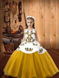 Gold Ball Gowns Straps Sleeveless Organza Floor Length Lace Up Embroidery Little Girl Pageant Gowns