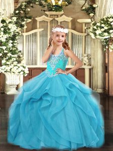Floor Length Lace Up Child Pageant Dress Aqua Blue for Party and Quinceanera with Beading and Ruffles