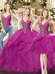 Romantic Fuchsia Three Pieces Beading and Ruffles Quince Ball Gowns Lace Up Organza Sleeveless Floor Length