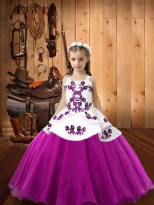 Floor Length Zipper Glitz Pageant Dress Fuchsia for Sweet 16 and Quinceanera with Embroidery