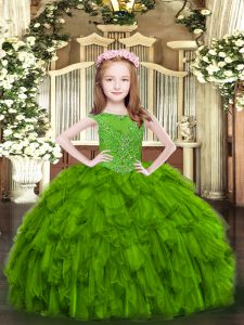 Green Kids Pageant Dress Party and Quinceanera with Beading and Ruffles Scoop Sleeveless Zipper