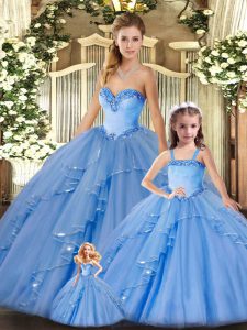 Noble Floor Length Lace Up Quinceanera Dresses Baby Blue for Military Ball and Sweet 16 and Quinceanera with Beading and Ruffles