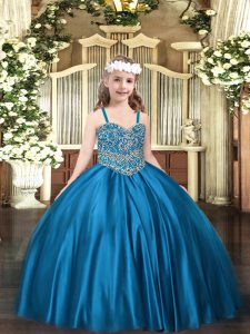 Blue Ball Gowns Beading Little Girls Pageant Gowns Lace Up Satin Sleeveless Floor Length
