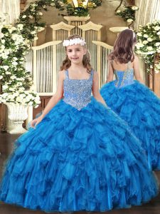 Cute Straps Sleeveless Tulle Girls Pageant Dresses Beading and Ruffles Lace Up