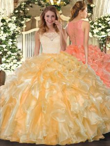 Nice Ball Gowns Sweet 16 Quinceanera Dress Gold Scoop Organza Sleeveless Floor Length Clasp Handle
