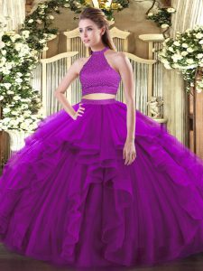 Discount Halter Top Sleeveless Backless Quinceanera Gown Purple Tulle