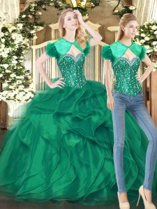 Dark Green Sweetheart Neckline Beading and Ruffles Quinceanera Gowns Sleeveless Lace Up
