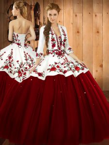 Flirting Wine Red Sleeveless Satin and Tulle Lace Up Quinceanera Dresses for Military Ball and Sweet 16 and Quinceanera
