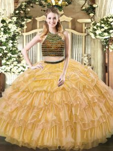 Comfortable Organza Halter Top Sleeveless Zipper Beading and Ruffled Layers Quinceanera Gown in Gold