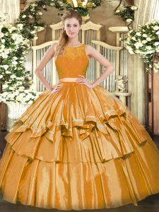 Gorgeous Gold Scoop Zipper Ruffled Layers Ball Gown Prom Dress Sleeveless