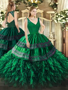 Dark Green Backless V-neck Beading and Lace and Ruffles Quinceanera Dresses Organza Sleeveless