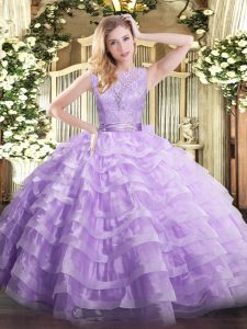 Lavender Backless Scoop Lace and Ruffled Layers 15 Quinceanera Dress Organza Sleeveless
