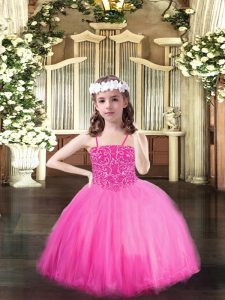Rose Pink Lace Up Girls Pageant Dresses Beading Sleeveless Floor Length