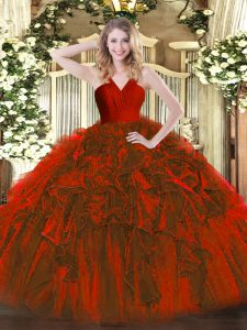 Graceful Wine Red Zipper Ball Gown Prom Dress Ruffles Sleeveless Floor Length
