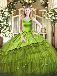 Exquisite Floor Length Side Zipper Quinceanera Gowns Olive Green for Sweet 16 and Quinceanera with Beading and Embroidery